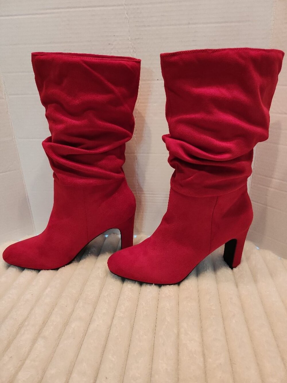 NWOB DREAM PAIRS Women Pointed Toe Mid Calf Stiletto Heel Slouch Red Boots Sz11
